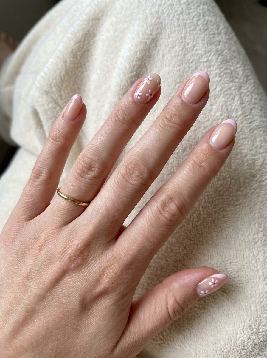 Pink Floral French Nails mit rosa French Tips und kleinen Blüten